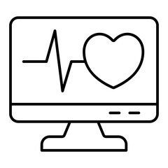 Monitor screen with cardiogram and heart thin line icon, human rescue concept. Vector graphics. Display and heartbeat, pulse sign on white background, linear style for mobile or design.