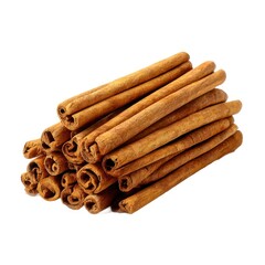Pile of cinnamon sticks close up on white background