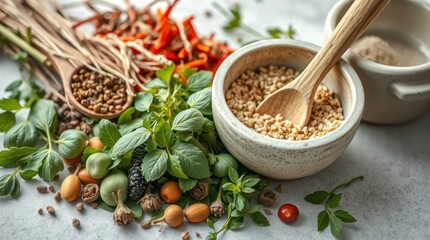 Assorted Herbs and Spices Still Life with Wooden Spoons
