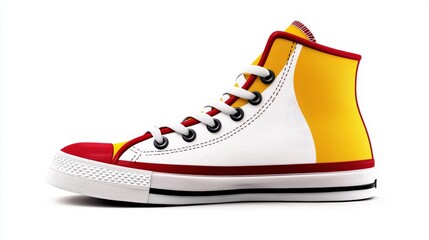 A stylish high-top s sneaker in yellow and red features a classic design with white accents perfect for casual wear and adding a pop of color to any outfit.