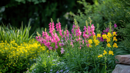 Obraz premium Vibrant garden scene featuring colorful snapdragons and lush greenery in bloom