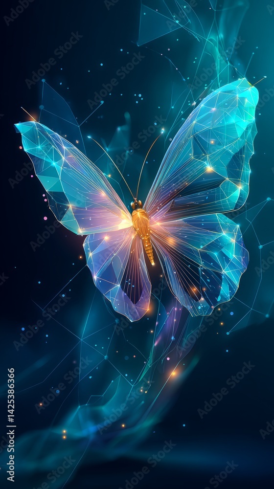Poster futuristic butterfly mesh network visualization - digital art of a glowing insect formed from interc