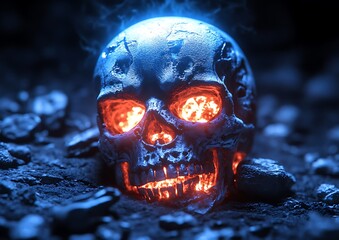 Glowing skull in dark rocky ground