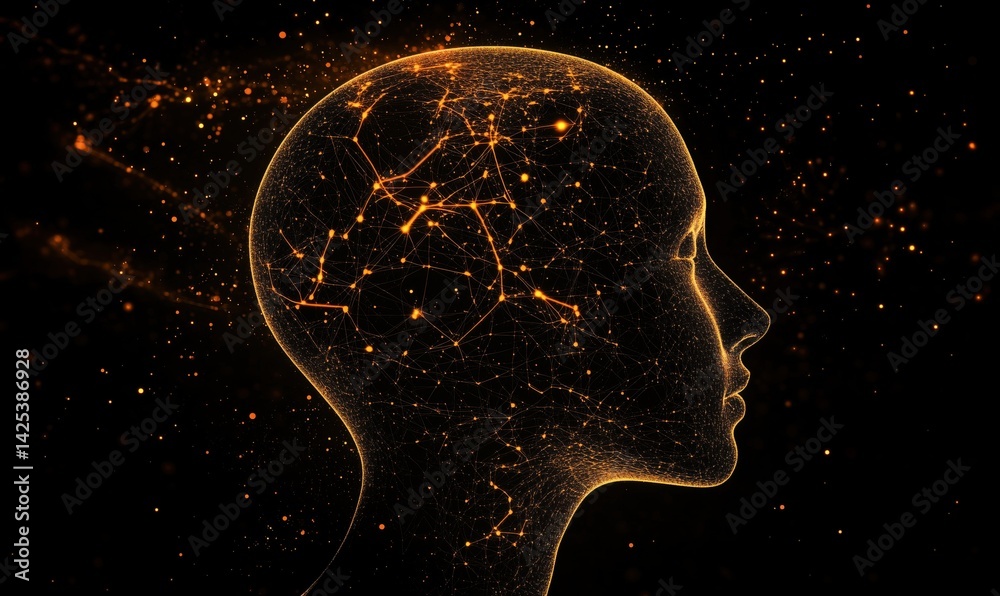 Poster abstract representation of human brain connections with glowing neural network patterns