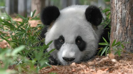 Fototapeta premium Panda cub nestled in bamboo