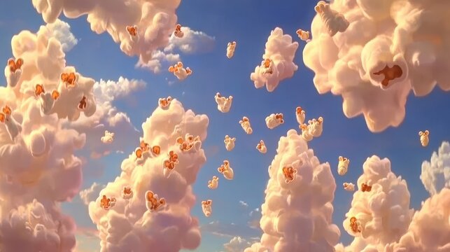 Fluffy clouds shaped like popcorn in a vibrant sky.