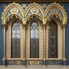 Fototapeta premium Ornate Gothic Architectural Facade with Golden Floral Arches and Blue Background Design