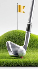 Close-up of a golf club resting on a green golf tee, poised for a swing, demonstrating precision and readiness on the fairway.