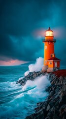 Obraz premium Dramatic Coastal Lighthouse at Sunset: Powerful Waves Crashing Against Rocky Shoreline, Golden Hour Photography.