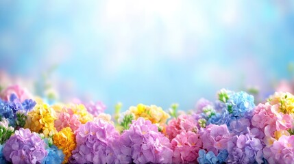 Vibrant colorful flowers against a soft sky background