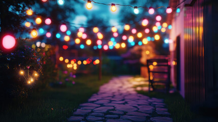 Naklejka premium Colorful garden pathway adorned with string lights, creating a festive evening ambiance