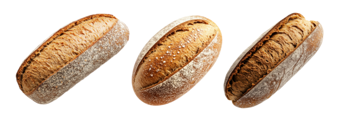 Set of loaf of rye bread isolated on white transparent background, showcasing texture and crust.