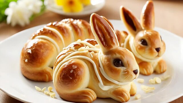Charming easter bunny bread displayed on a rustic table with delightful floral decor.