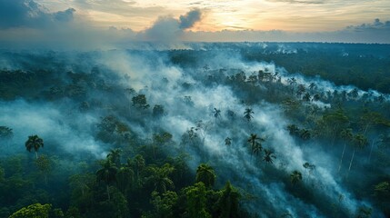 Fototapeta premium Aerial View of Smoke Rising Above Lush Rainforest at Sunset