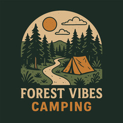 Camping Tent in Forest Illustration with Winding Path and Trees