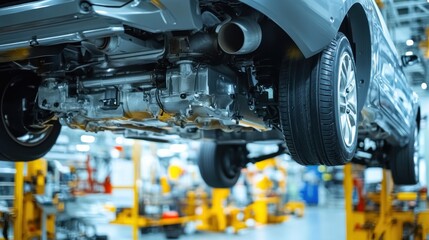 Fototapeta premium Car Underbody Inspection in Automotive Workshop with Machinery and Tools in Background