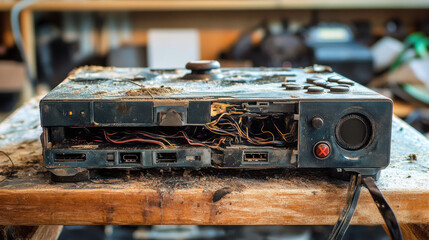 Fototapeta premium Close-up of a damaged gaming console showing exposed wires and dirt on a wooden table