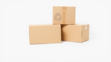 Obraz premium Brown cardboard boxes stacked on top of each other on white background. One of them has a recycling sign. The image reflects themes of logistics, storage and delivery.