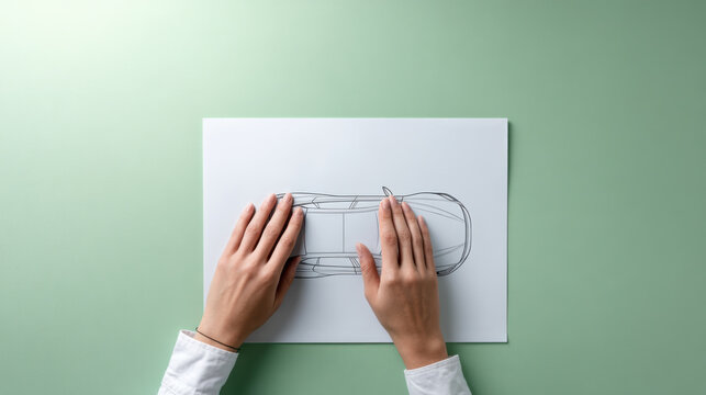 Hands sketching car design on white sheet of paper placed on green themed desk, showcasing creativity and innovation