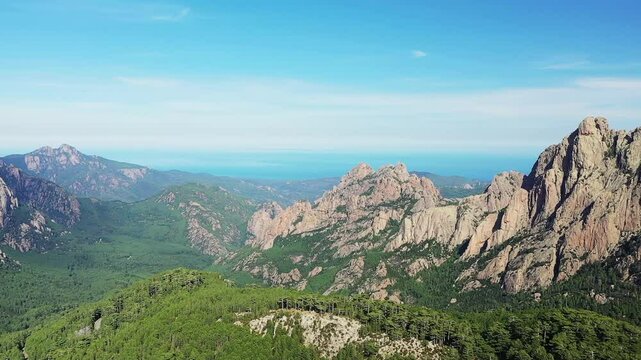 The rocky summit of the Bavella pass, in Europe, in France, in Corsica, towards Ajaccio, on the edge of the Mediterranean Sea, in summer, on a sunny day.&nbsp;