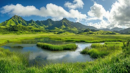 Fototapeta premium A wide view of coastal wetlands, showcasing the vibrant green landscape and wildlife that thrive in this ecosystem.