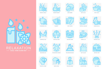 Fototapeta premium Relaxation blue color icons set. contain candle, tea, blanket, hammock, mountain, sound, socks, healing, incense stick, rain and more. use for modern concept, web and app development. Vector EPS 10