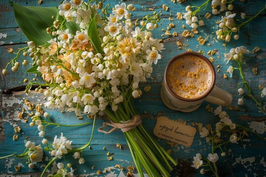 Charming coffee mug featuring lily of the valley bouquet and good morning note on rustic blue table