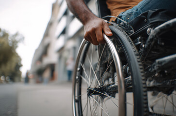 Obraz premium close up of young man in wheelchair gripping wheel, showcasing determination and resilience in urban setting