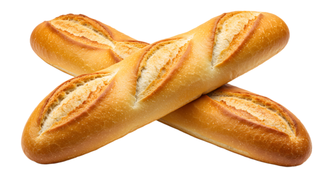 Two Golden Baguettes Crossing Each Other on a White Background
