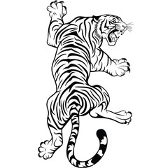 This project showcases a bold black-and-white illustration of a tiger in a dynamic, leaping pose. The artwork features strong linework and detailed striping