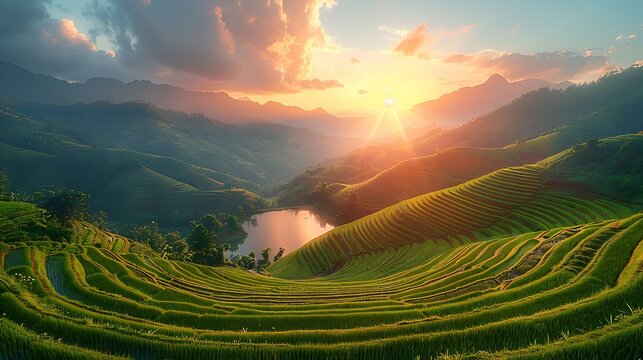 **Drone Shot Of Terraced Rice Fields Glowing Under Sunset, Perfect Lines And Curves --Ar 16:9 --S 952 --V 6.0 --Style Raw** - @Darya (Relaxed)