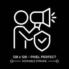 Freedom of opinion and information pixel perfect white line icon in negative space. Free thoughts expression. Human rights protection. Monochrome linear symbol on black background. Editable stroke