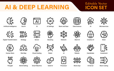Artificial Intelligence Machine Learning Icons - AI, Neural Network, Deep Learning, Data Science, Algorithm - Vector, Outline, Line, Illustration, Minimal