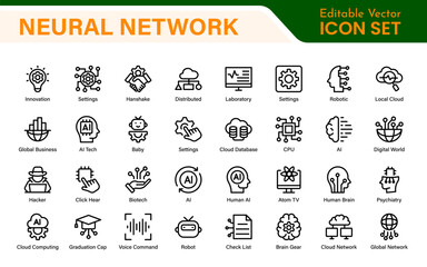 Artificial Intelligence Machine Learning Icons - AI, Neural Network, Deep Learning, Data Science, Algorithm - Vector, Outline, Line, Illustration, Minimal