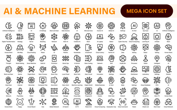 Artificial Intelligence Machine Learning Icons - AI, Neural Network, Deep Learning, Data Science, Algorithm - Vector, Outline, Line, Illustration, Minimal