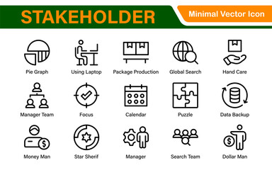 Stakeholder outline icons set. Business, teamwork, trade unions, suppliers, government, customers, creditors, community, investors and partners.