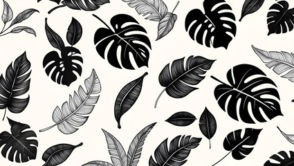 Hand-sketched tropical leaves in black and white doodle style. Includes exotic foliage like monstera, palm, banana, and lemon leaves in a whimsical, artistic layout