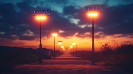 Pathway illuminated by solar-powered lamps at dusk