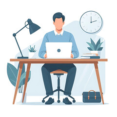 vector illustration of a man using a laptop on a desk, minimal design, no background clutter, clean white space