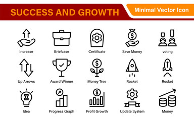 Growth and Success modern outline style icons set. Successful business development, plan and process symbol illustration.