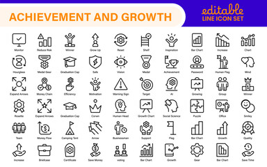 Growth and Success modern outline style icons set. Successful business development, plan and process symbol illustration.