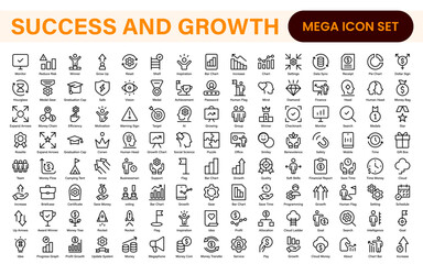 Growth and Success modern outline style icons set. Successful business development, plan and process symbol illustration.