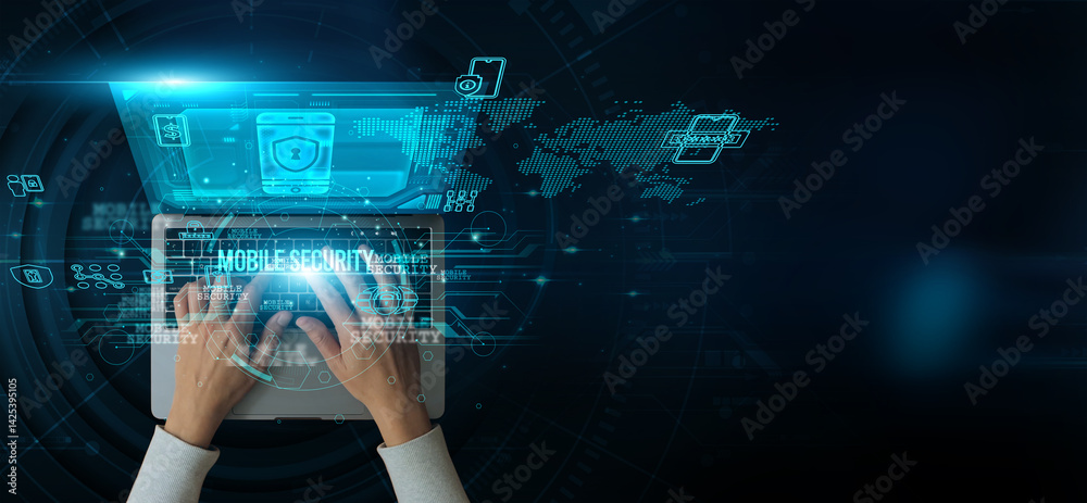 Aufkleber a man using a laptop with the mobile security on the keyboard is analyzing and developing various in