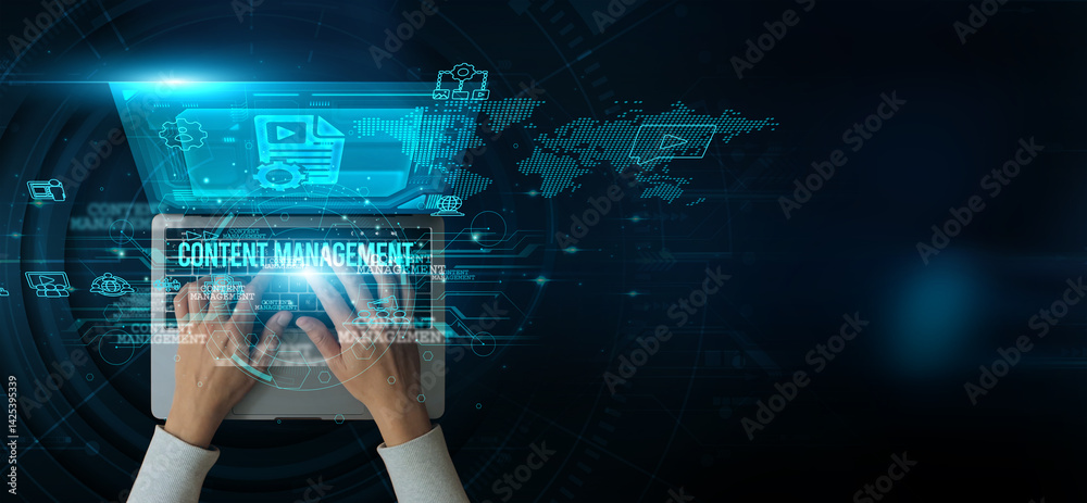 Poster man using a laptop with content management on the keyboard analyzes and develops various information