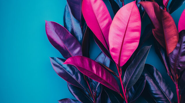 pink and purple leaves create striking contrast against bright blue background, showcasing minimalist aesthetic. composition exudes sense of calm and creativity