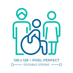 Freedom from discrimination pixel perfect two color line icon. Equal rights and responsibilities. Diversity bicolor outline symbol. Duotone linear pictogram. Isolated illustration. Editable stroke