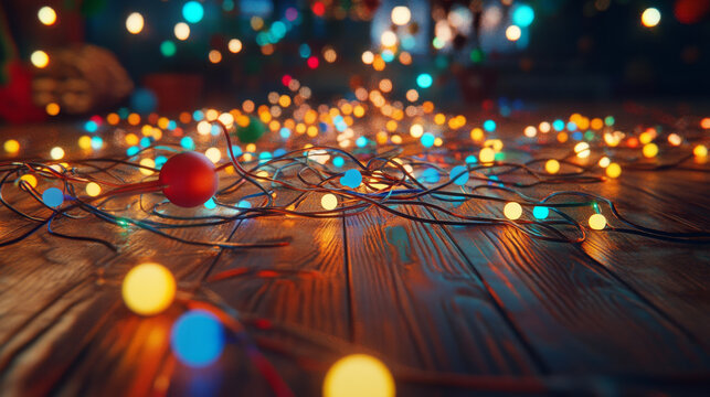 Colorful fairy lights in cozy setting create warm and festive atmosphere. glowing bulbs in various hues are scattered across wooden floor, enhancing inviting ambiance