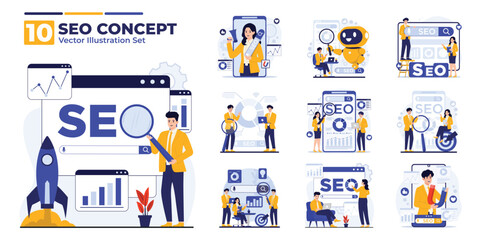 SEO concept illustration set Search Engine Optimization  featuring magnifying glass, web data, statistics, search ranking, and graphs to optimize visibility