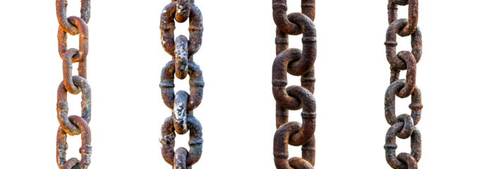 Set of weathered metal chains are displayed vertically, isolated on transparent background
