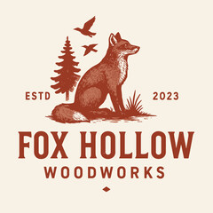 Fox Sitting Near Tree Illustration in Vintage Styled Woodland Design